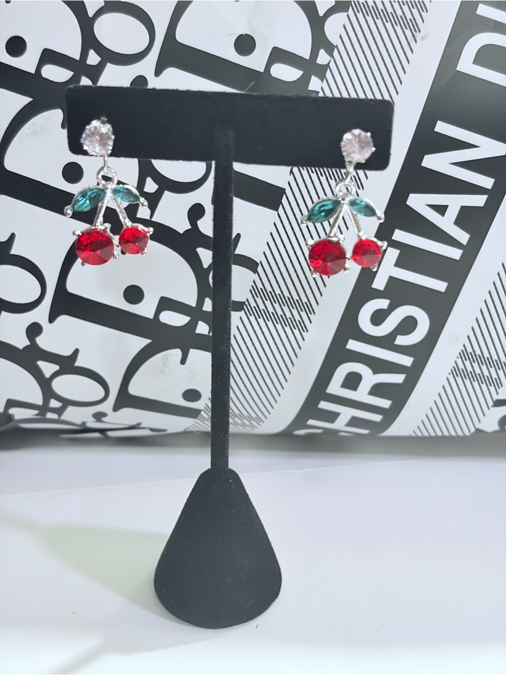Cherry Drop Earrings with Red Stones and Green Leaves - Women's Jewelry
